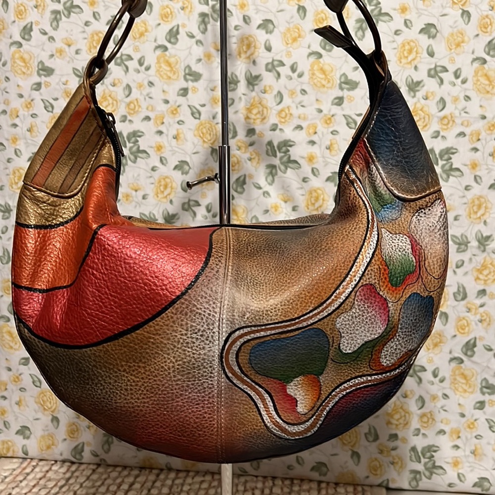 Anuschka Multicolor Leather Shoulder Bag - Red, Green, Blue, Tan, Gold Accents